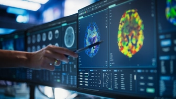 Medical professional points at detailed brain imaging scans on a digital diagnostic display